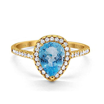 14K Yellow Gold 1.48ct Teardrop Pear 8mmx6mm G SI Natural Blue Topaz Diamond Engagement Wedding Ring Size 6.5